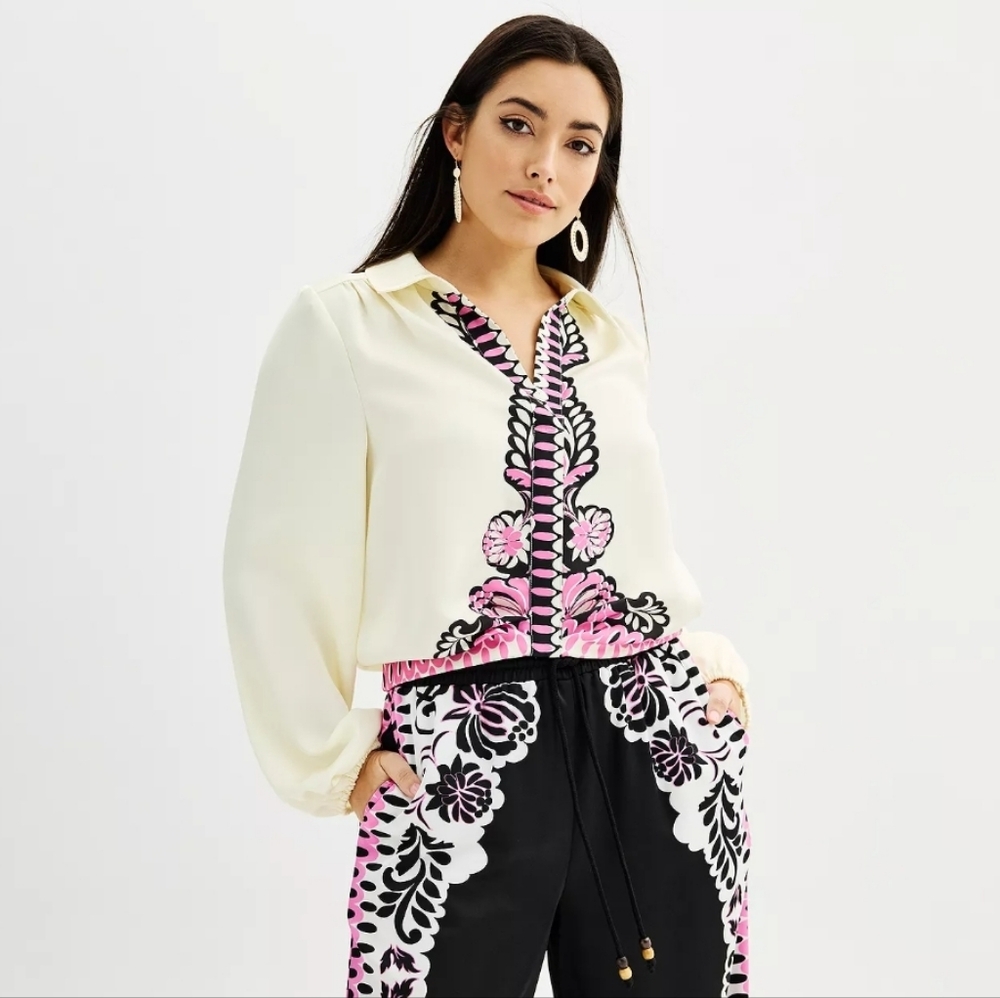 Ivory Floral Embroidered Collared Blouse - Pink & Black Accents